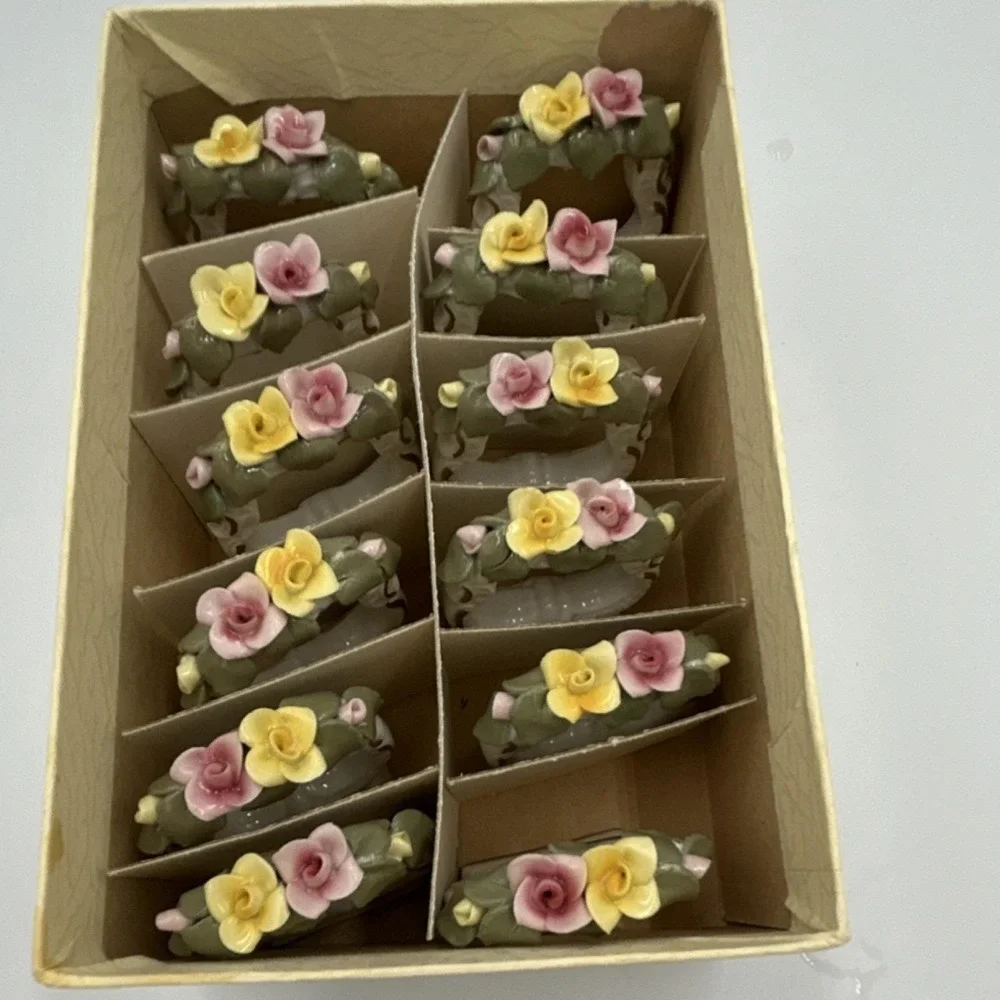 Dresden Germany Pink Rose Porcelain Napkin Holder Set 12 PC